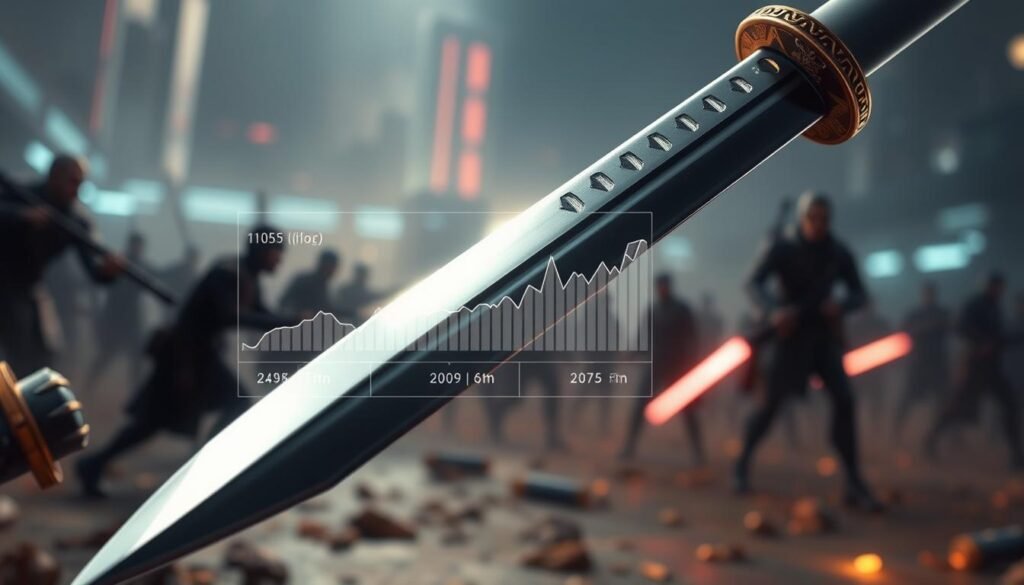 A detailed and vibrant depiction of a katana sword with visual statistics overlay. In the foreground, prominently display a finely crafted katana with intricate hilt details and a gleaming blade reflecting light, hinting at its recent nerf in a game update. Utilize soft lighting to accentuate the blade's sharpness and craftsmanship. In the middle, include subtle graphs or charts illustrating the katana's performance changes, integrated seamlessly into the design without overwhelming the primary focus. In the background, suggest a battlefield scene from a futuristic game setting, with blurred outlines of characters engaged in combat, emphasizing the impact of the katana nerf. The mood should be dramatic yet focused, embodying the themes of conflict and transformation in gaming mechanics.