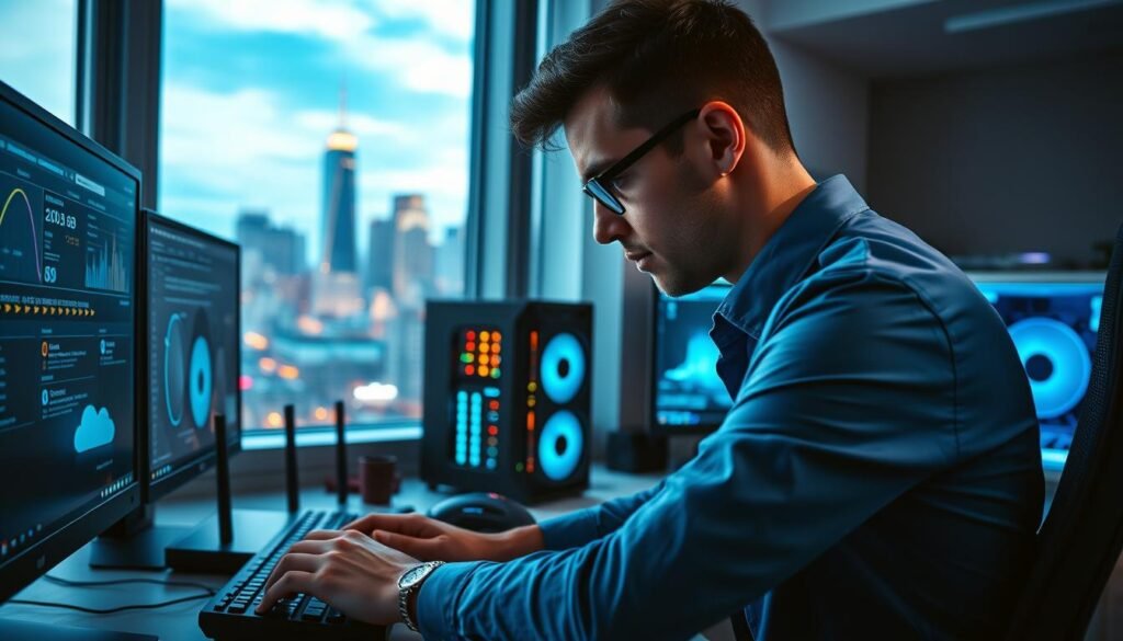 A dynamic digital workspace showcasing a gamer optimizing their cloud gaming connection. In the foreground, a focused individual in smart casual attire, intently adjusting settings on multiple screens displaying network metrics and latency graphs. The middle layer features sleek gaming equipment—high-end routers, a powerful PC, and gaming peripherals—all emitting a soft blue glow, symbolizing high performance. The background presents a vibrant city skyline seen through a large window, with data-stream graphics superimposed, illustrating high-speed internet connections. The lighting is ambient with a cool tone, creating a tech-savvy atmosphere, evoking a sense of innovation and efficiency in gaming.