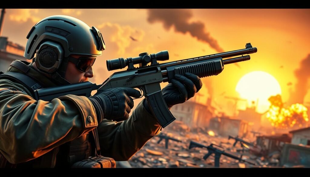 A dynamic scene showcasing the impact of the shotgun meta in a modern combat environment. In the foreground, a soldier in professional military attire holds a sleek, modern shotgun, showcasing its polished finish and tactical features. The soldier, focused and determined, is aiming down sights, emphasizing the precision of the weapon. In the middle ground, a colorful battleground filled with scattered weapons, tactical gear, and dynamic explosions provides context to the intensity of the game. The background features a stylized urban landscape, including crumbling buildings and smoke trails, enhancing the atmosphere of conflict. The lighting is dramatic, with strong contrasts highlighting the soldier and weapon, while a hazy sunset casts an orange glow, evoking a sense of urgency and excitement.