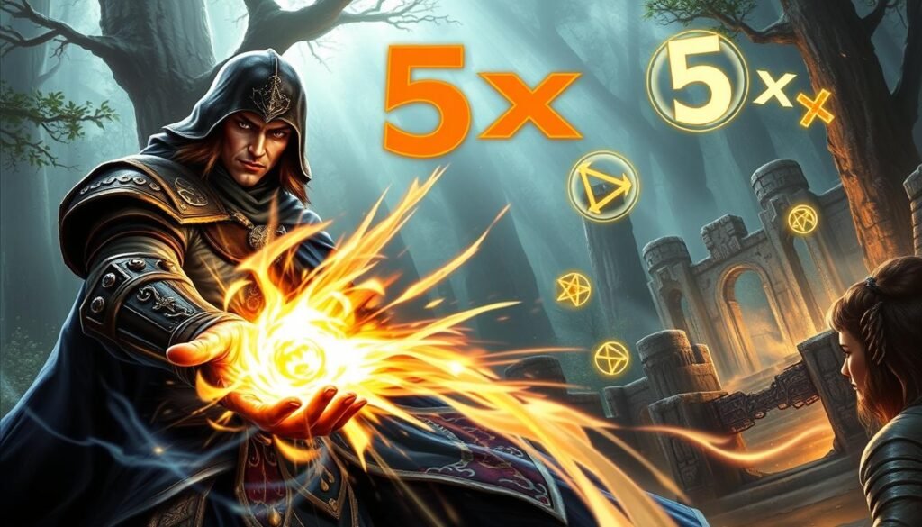 A visually striking illustration representing the concept of a "mekanisme damage multiplier" in a fantasy setting. In the foreground, depict a detailed character from Baldur's Gate 3, showcasing a powerful magic spell with vibrant energy swirling around their hands, symbolizing a 5x damage boost. The character should be in elaborate, fantasy armor, radiating confidence and skill. In the middle ground, include dynamic visual elements like glowing runes and abstract representations of multipliers (such as numbers or symbols) floating in the air. The background should feature a mystical forest or ancient ruins, illuminated by ethereal light, creating a sense of wonder. Use dramatic lighting to emphasize the character's intense focus, capturing a mood of epic confrontation and strategic depth.