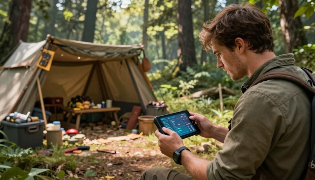 A detailed and vibrant scene depicting inventory and resource management in a survival game. In the foreground, a young man wearing practical outdoor gear is carefully examining a virtual inventory screen displayed on a handheld device. His expression is focused and determined. In the middle ground, a detailed rustic campsite is visible, complete with a makeshift storage area holding various supplies like food, tools, and crafting materials. The background features a lush, dense forest under dappled sunlight filtering through the trees, creating a sense of adventure and exploration. The atmosphere is energetic and strategic, highlighting the importance of wise resource management in the game. The lighting is natural, with soft, warm tones to evoke a feeling of comfort and readiness.