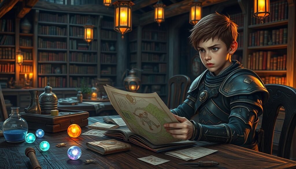 A detailed scene depicting a character in a fantasy RPG setting working on correcting mistakes in their character build. In the foreground, focus on a young adventurer with a detailed armor set, seated at a wooden table strewn with paper scrolls and glowing orbs, studying a vibrant, illustrated manual with a concerned expression. The middle ground showcases a magical workshop filled with various fantasy items like potions, weapons, and enchanted artifacts. In the background, a cozy library with towering shelves of books and warm, ambient lighting from hanging lanterns creates an inviting atmosphere. The overall mood should blend determination and curiosity, suggesting the character's quest to improve their skills and choices. Use soft, warm lighting to enhance the sense of exploration and growth.