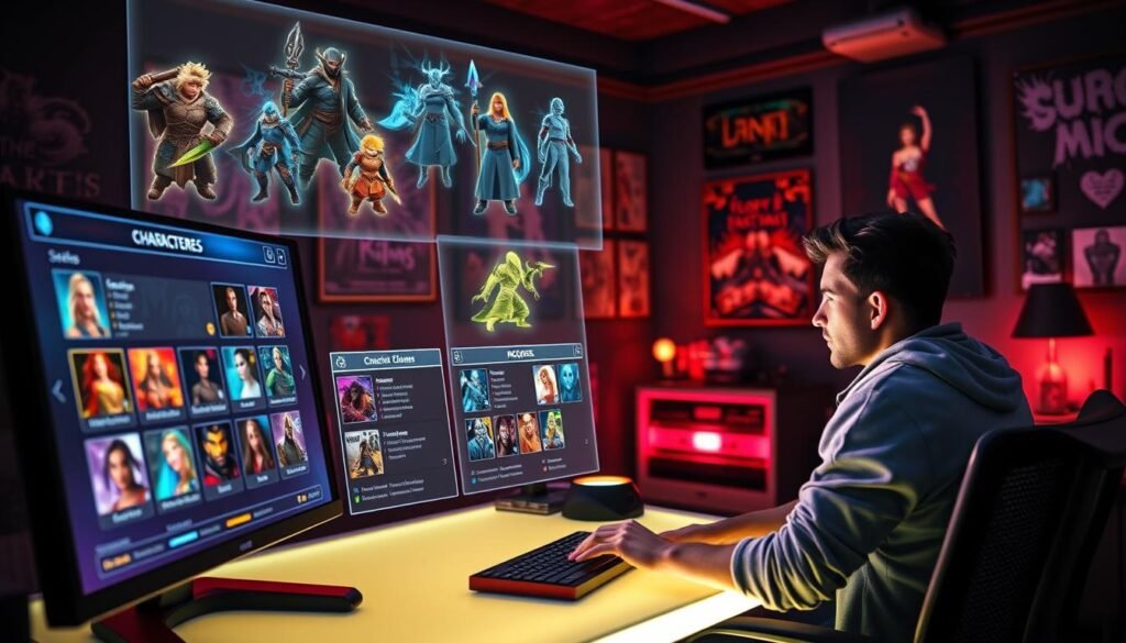 A fantasy RPG scene depicting a character creation interface, featuring a vibrant digital display showing various character classes and skill trees. In the foreground, an adventurer sits at a glowing computer desk, intensely analyzing their options, dressed in casual, modern clothing. In the middle ground, holographic projections of diverse character models—warriors, mages, and rogues—hover above, showcasing each class's unique attributes. The background reveals a dimly lit gaming room, adorned with fantasy posters and collectibles, creating an immersive atmosphere. Soft, colorful lighting enhances the dynamic feel of the scene, resembling a sleek gaming environment. The perspective is slightly angled, drawing the viewer into the character-building process, evoking a sense of anticipation and adventure.