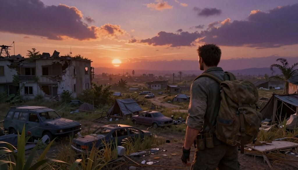 A sprawling post-apocalyptic landscape filled with remnants of civilization. In the foreground, a determined survivor in practical survival gear, scanning the desolate environment with a rugged backpack. In the middle ground, crumbling buildings overrun with wild vegetation, remnants of vehicles, and makeshift shelters created from scavenged materials. The background features a dramatic sky, tinged with hues of orange and purple as the sun sets, casting long shadows and creating a moody atmosphere. The scene is illuminated by a soft, ambient light, enhancing the feeling of isolation and resilience. Capture the essence of survival and exploration in a world transformed by catastrophe, inviting players to choose their roles wisely.